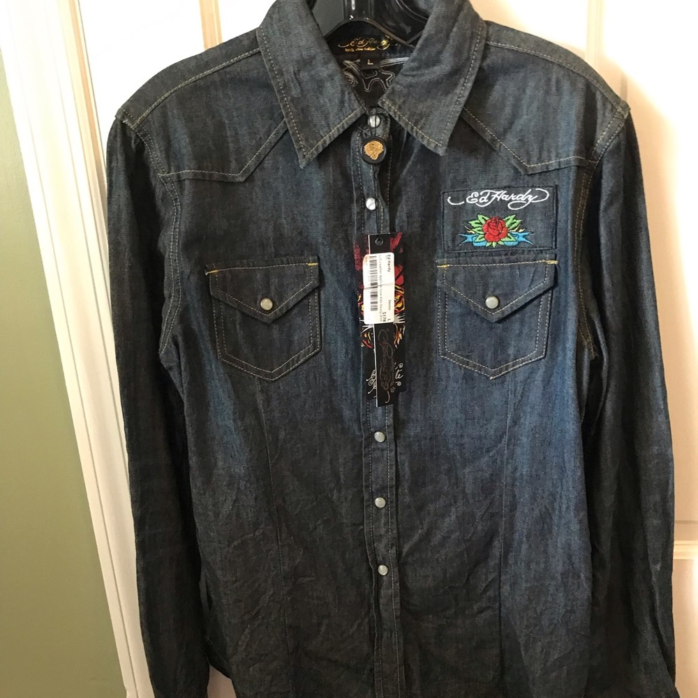Ed Hardy L/S Leather Appliqué Love Kills Slowly Shirt Size L